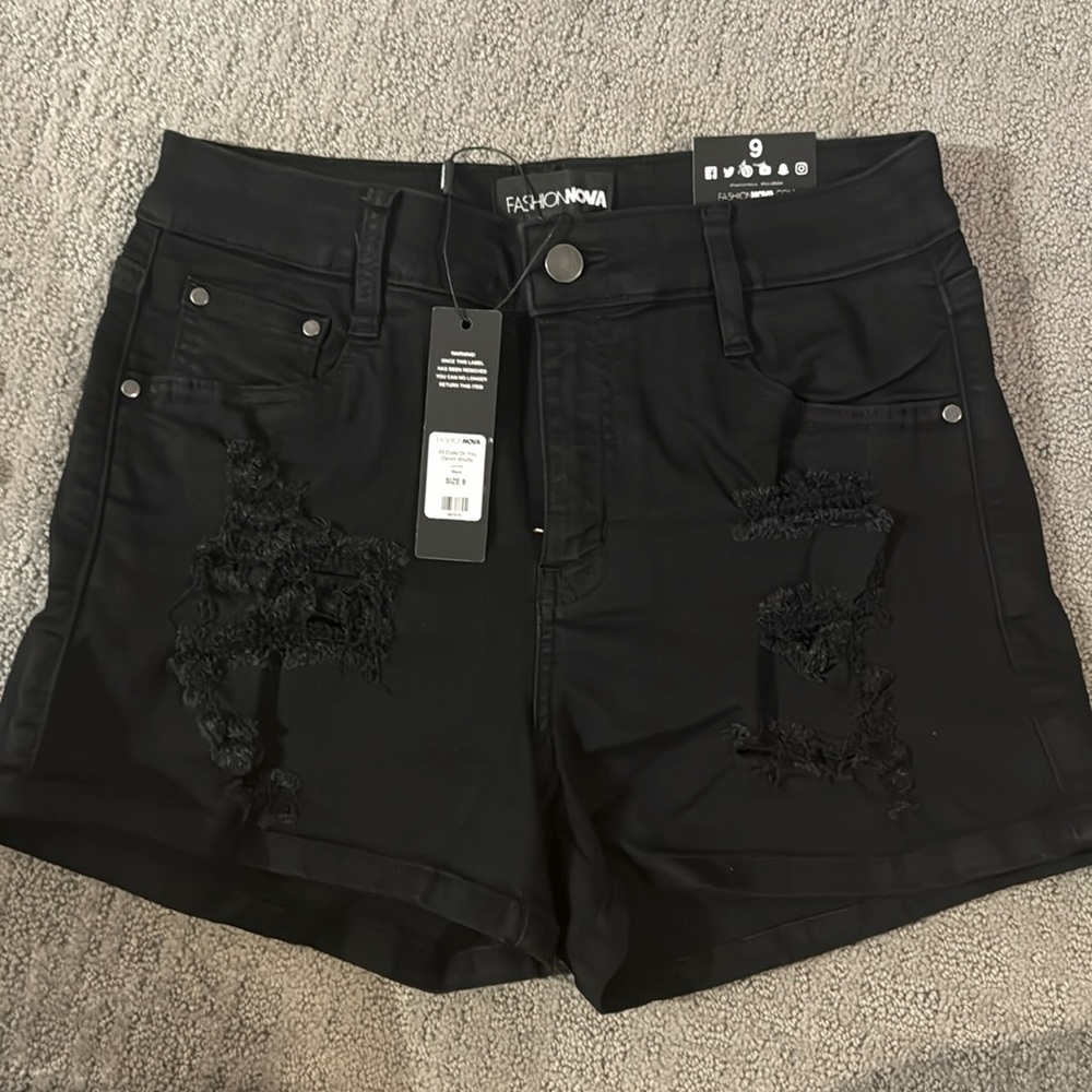 Fashion nova All Eyes on You black denim shorts size 9 stretchy